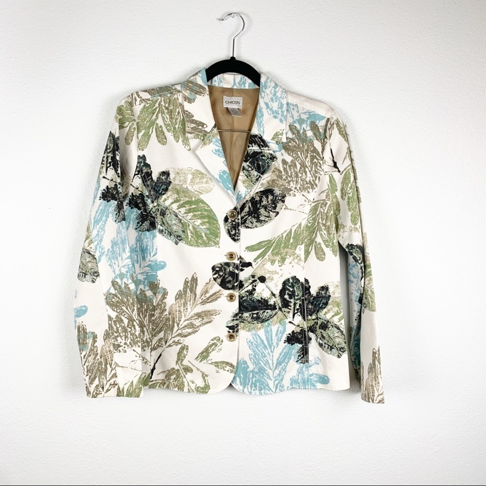 CHICO’S silk blend leaf print blazer jacket green medium